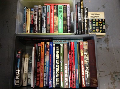Lot 493 - Two boxes of military related books including Paras, Vietnam War, Falklands, Helmand, Iraq etc
