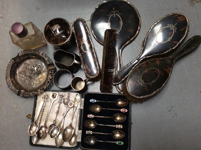 Lot 708 - Silver mounted dressing table set, enamelled silver teaspoons, other silver and plate