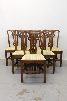 Lot 1276 - Set six George III country oak dining chairs with pierced splat backs, drop in seats with yellow striped upholstery on chamfered legs joined by stretchers