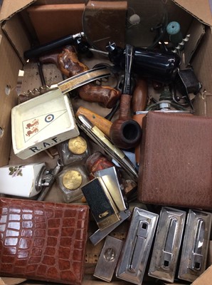 Lot 394 - Box smoking items including lighters, two large cigars, pipe, corkscrews and sundries