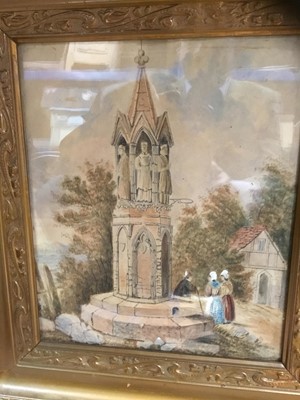Lot 306 - Follower of Samuel Prout, watercolour Continental scene, together with other decorative pictures and prints