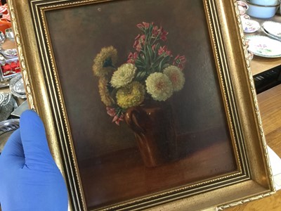 Lot 318 - Victorian Oil on board- still life study dated 1897, together with two other oil on canvas still life studies and two others (5)