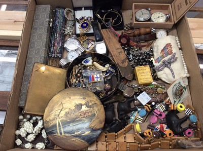 Lot 713 - Box vintage costume jewellery, pocket watches, bijouterie and sundries