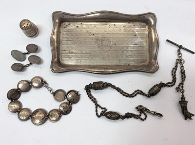 Lot 715 - Silver rectangular dish, pair silver cufflinks, coin bracelet, fob chain and thimble
