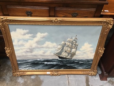 Lot 340 - contemporary oil on canvas - sailing ships in stormy seas in guilt frame