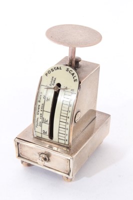 Lot 328 - Edwardian silver stamp box in the form of a set of postal scales, with spring balance and pull out drawer, on four ball feet (Birmingham 1905). Levi & Salaman. 9cm overall height.