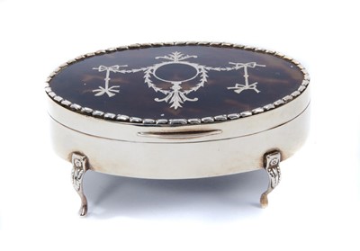 Lot 330 - Edwardian silver box of oval form with blue velvet lining.