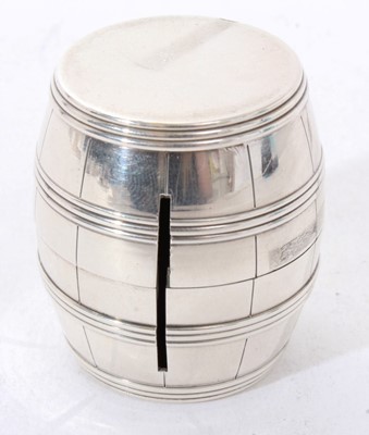 Lot 342 - Early 20th century Tiffany silver stamp reel holder in the form of a barrel.