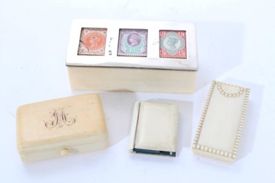 Lot 348 - Three late 19th/early 20th century ivory stamp holders, together with a Victorian ivory stamp box.