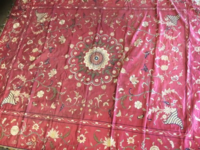 Lot 1414 - Chinese silk embroidered cloth, puce ground with formal scrolling foliate and insect ornament, 185 x 210cm