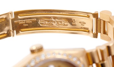 Lot 603 - Gentlemens Rolex 18ct gold Day Date wristwatch with after-market diamond bezel, model number 18078, serial number 5307244