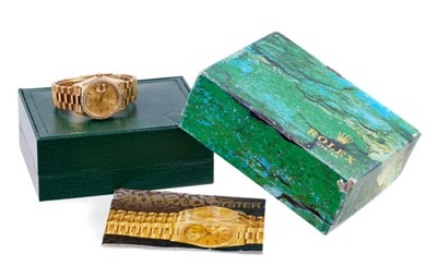 Lot 603 - Gentlemens Rolex 18ct gold Day Date wristwatch with after-market diamond bezel, model number 18078, serial number 5307244