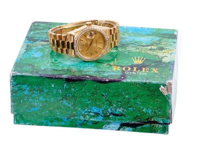 Lot 603 - Gentlemens Rolex 18ct gold Day Date wristwatch with after-market diamond bezel, model number 18078, serial number 5307244