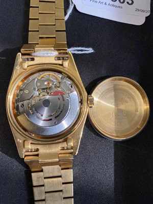 Lot 603 - Gentlemens Rolex 18ct gold Day Date wristwatch with after-market diamond bezel, model number 18078, serial number 5307244