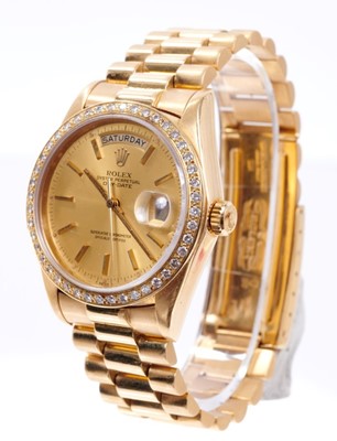 Lot 603 - Gentlemens Rolex 18ct gold Day Date wristwatch with after-market diamond bezel, model number 18078, serial number 5307244