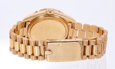 Lot 603 - Gentlemens Rolex 18ct gold Day Date wristwatch with after-market diamond bezel, model number 18078, serial number 5307244