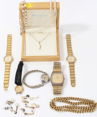 Lot 123 - Three pair of 9ct gold and gem set earrings, sterling silver and diamond pendant on chain, other costume jewellery and watches