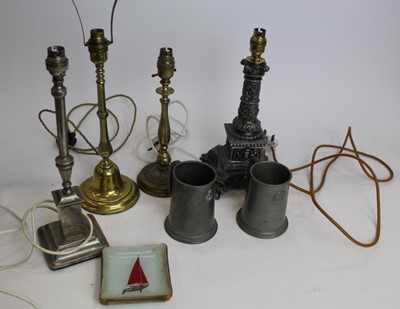 Lot 2113 - Four brass and metal lamps converted from candlesticks, 2 commemorative pewter tankards, glass dishes, etc