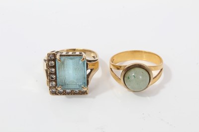 Lot 155 - 9ct gold blue stone and diamond dress ring and a green hard stone ring