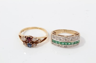 Lot 31 - Antique old cut diamond, sapphire and ruby double band ring and an emerald and diamond half eternity style ring