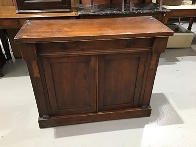Lot 32 - Victorian mahogany Chiffonier with single drawer below and two panelled doors enclosing one fixed shelf standing on plinth base H84.5cm W102cm D39cm