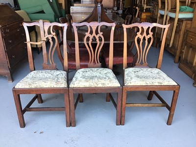Lot 37 - Three 18th century mahogany chairs with pierced splat backs and drop in seats H97cm W48cm D41.5cm