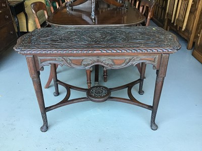 Lot 40 - 19th century Anglo Indian carved side table on turned legs joined by stretcher H72cm W107cm D58cm