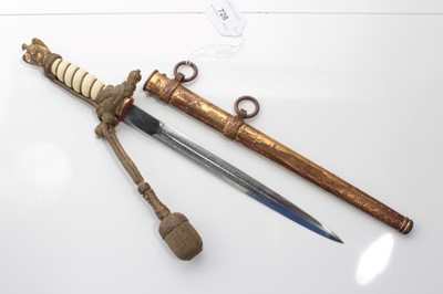Lot 728 - Second World War Nazi Kreigsmarine Dress Dagger with etched polished steel blade by Clemen & Jung, Solingen wire bound cream celluloid grip, with bullion work dress knot / portpee in brass scabbard
