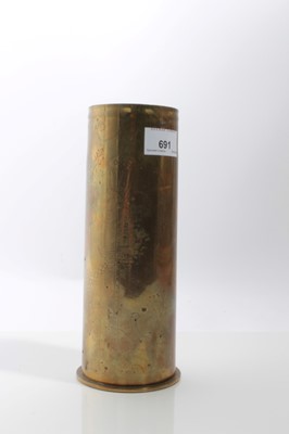 Lot 691 - Unusual First World War Brass Trench Art Shell case vase, decorated with Hoho birds and Japanese / Chinese characters, 23cm in height
