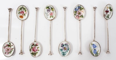 Lot 104 - Set eight silver and enamel teaspoons in fitted case