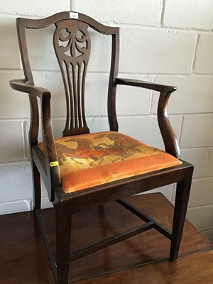 Lot 33 - Mahogany elbow chair with pierced splat back on square tapered legs H99cm W59cm D48.5cm