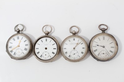 Lot 107 - Victorian silver open faced pocket watch (Chester 1900) together with three other Swiss silver cased open faced pocket watches (4)