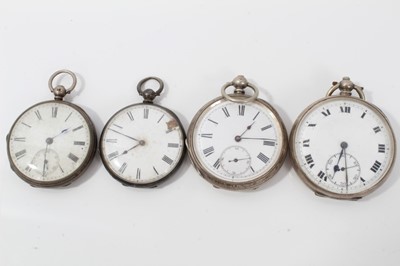 Lot 146 - Victorian silver open faced fob watch (London 1874) together with a silver open faced pocket watch and two silver open faced fob watches (4)