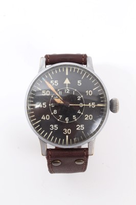 Lot 586 - Second World War Nazi Luftwaffe Navigators B- Uhr Type B Wrist Watch, black Arabic numerial dial with centre hours and blued luminous hands, side of watch numbered FL23883 inside of case marked 'Du...