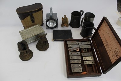 Lot 2063 - Group of three Antique pewter tankards, together with a 1935 silver Jubilee Commorative casket, pair of Binoculars in case and other sundry items