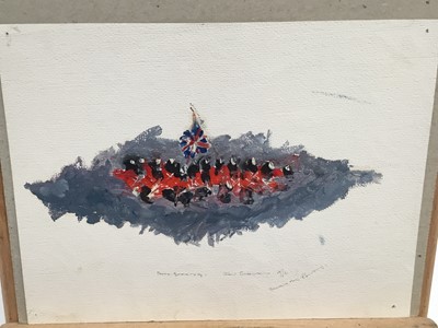 Lot 96 - Pair of 1970s English School oil sketches on paper - Scots Guards and The French Imperial Guards, indistinctly signed, titled  and dated 1972, unframed