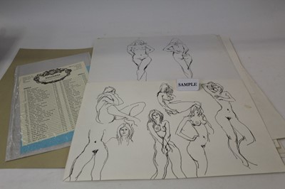 Lot 1140 - Two folders of female nudes by Peter Collins (1923-2001) under the theme of 'Chelsea Birds' - approx 52 drawings, copies of original price list and private view details