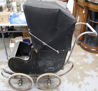 Lot 323 - Early 20th Century pram with wire wheels, black painted wooden body and canvas hood, by Hitchings of London