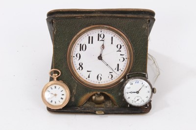 Lot 102 - Early 20th c. Swiss 9ct gold fob watch, 1920s silver wristwatch and Edwardian leather cased travel clock