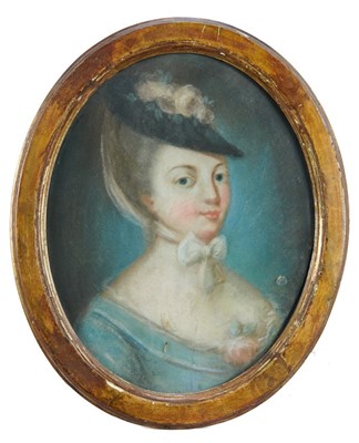 Lot 459 - French School, 18th century, pair of pastel portraits of ladies in fashionable costume, oval glazed gilt frames, 35 x 30cm