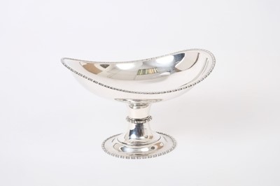 Lot 211 - George V silver comport of navette form with egg and dart borders, raised on pedestal foot, (Sheffield 1914), Maker Atkin Brothers, 16oz, 15cm in overall height