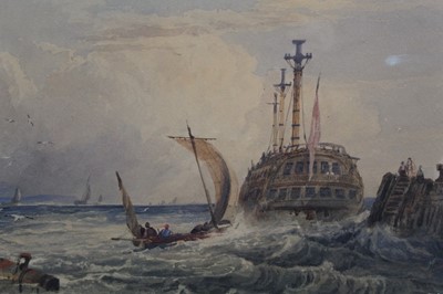 Lot 131 - English School, 19th century, Three-masted ship off a pier, apparently unsigned, 24 x 34cm