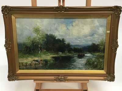 Lot 71 - Maude Raphael Jones (1863-1935) oil on canvas, A canal scene with a barge being towed by a horse, and a boy fishing for tiddlers, signed, in gilt frame