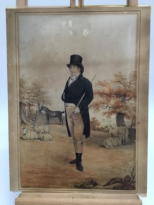 Lot 74 - Englsih School, circa 1810, watercolours, an elegant gentleman standing in a landscape, sheep and his bay hunter byond, unframed, 38cm x 26cm
