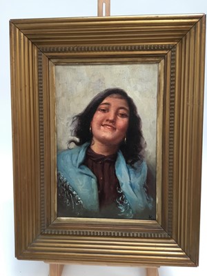 Lot 93 - Italian School, 19th century, oil on canvas, Portrait of a pretty girl, indistinctly signed, in gilt frame, 35cm x 23cm