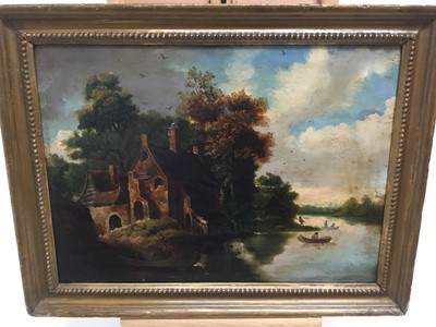Lot 83 - Dutch School, 18th century, oil on oak panel, A wooded river landscape with figures fishing and shooting by a large house, period gilt frame, 30cm x 42cm