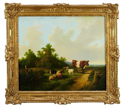 Lot 561 - Andre De Moller oil on canvas - cattle and goats in an Arcadian landscape, in gilt frame