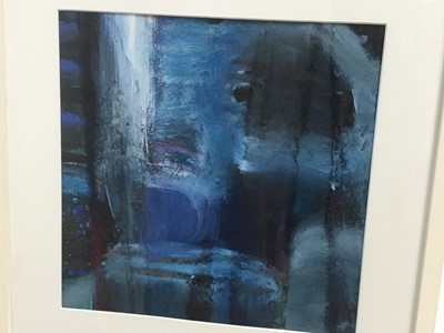 Lot 147 - Contemporary mixed media - abstract in blue, 36cm, together with a trio of signed limited edition etchings - figures, 19cm x 14cm each, in glazed frame (2)