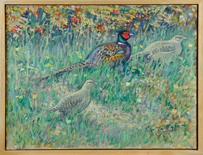 Lot 1026 - Peter Partington, contemporary, signed oil on canvas - Pheasants in a landscape