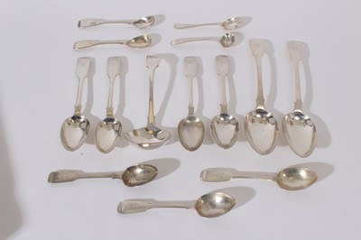 Lot 212 - Pair of George III fiddle pattern table spoons (London 1798) together with other Georgian and later silver flatware